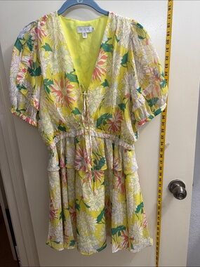 Ted Baker Yellow Floral V‑Neck Tiered Dress. Fully lined